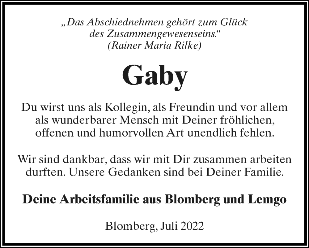  Traueranzeige für Gaby Gatzke vom 09.07.2022 aus Lippische Landes-Zeitung