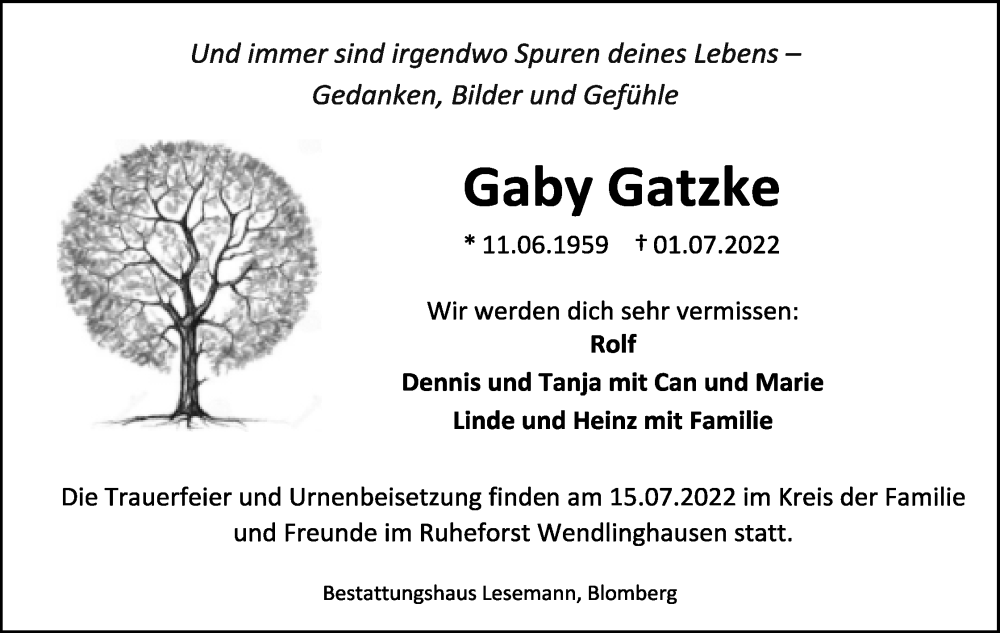  Traueranzeige für Gaby Gatzke vom 09.07.2022 aus Lippische Landes-Zeitung