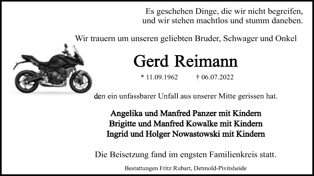 Traueranzeige für Gerd Reimann vom 30.07.2022 aus Lippische Landes-Zeitung