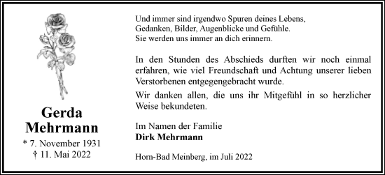 Anzeige  Gerda Mehrmann  Lippische Landes-Zeitung