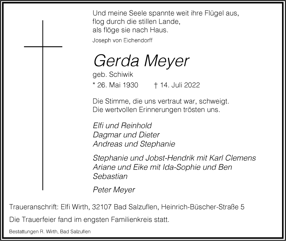  Traueranzeige für Gerda Meyer vom 23.07.2022 aus Lippische Landes-Zeitung
