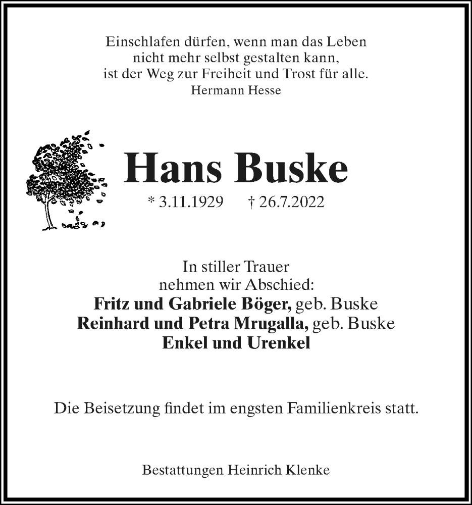  Traueranzeige für Hans Buske vom 30.07.2022 aus Lippische Landes-Zeitung