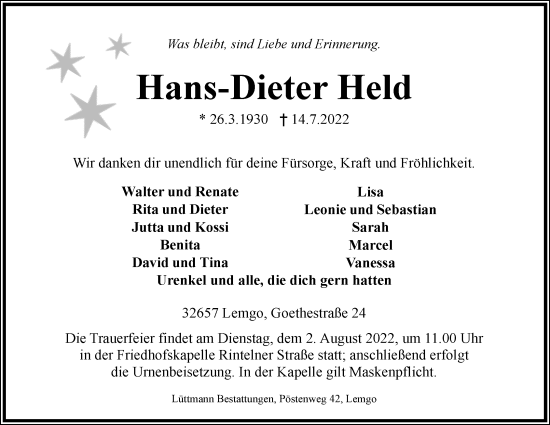Anzeige  Hans-Dieter Held  Lippische Landes-Zeitung