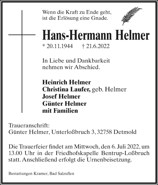 Anzeige  Hans-Hermann Helmer  Lippische Landes-Zeitung