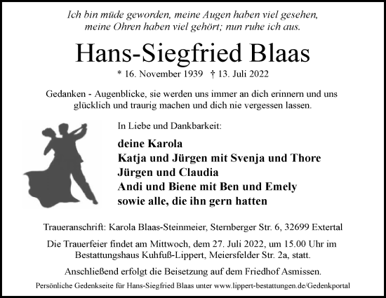Anzeige  Hans-Siegfried Blaas  Lippische Landes-Zeitung