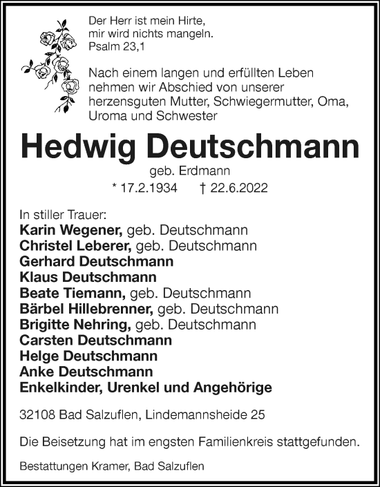 Anzeige  Hedwig Deutschmann  Lippische Landes-Zeitung