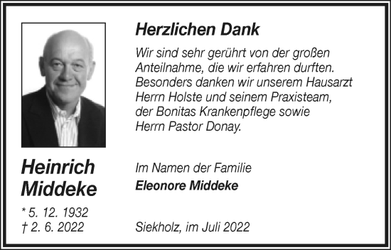 Anzeige  Heinrich Middeke  Lippische Landes-Zeitung
