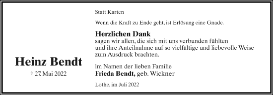 Anzeige  Heinz Bendt  Lippische Landes-Zeitung