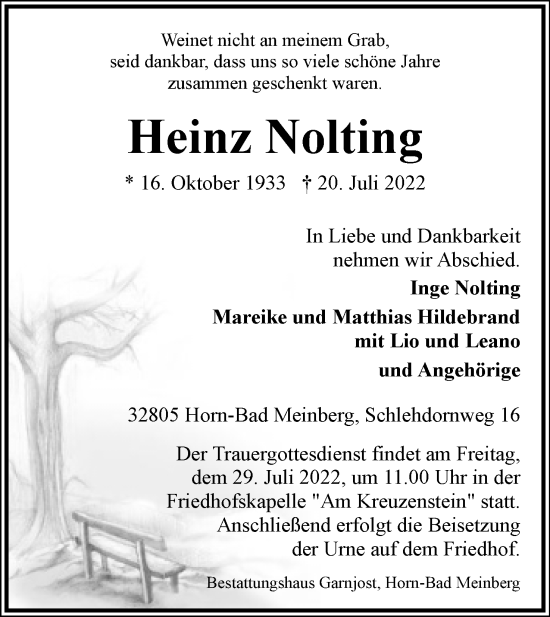 Anzeige  Heinz Nolting  Lippische Landes-Zeitung