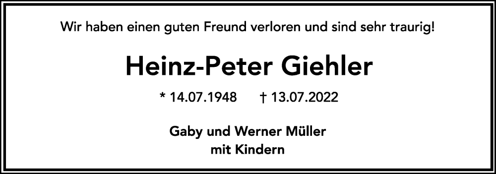  Traueranzeige für Heinz-Peter Giehler vom 27.07.2022 aus Lippische Landes-Zeitung