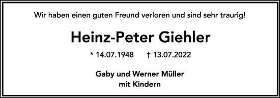 Anzeige  Heinz-Peter Giehler  Lippische Landes-Zeitung