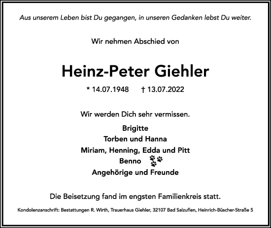 Anzeige  Heinz-Peter Giehler  Lippische Landes-Zeitung