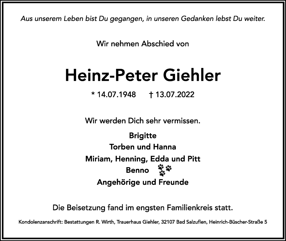  Traueranzeige für Heinz-Peter Giehler vom 27.07.2022 aus Lippische Landes-Zeitung