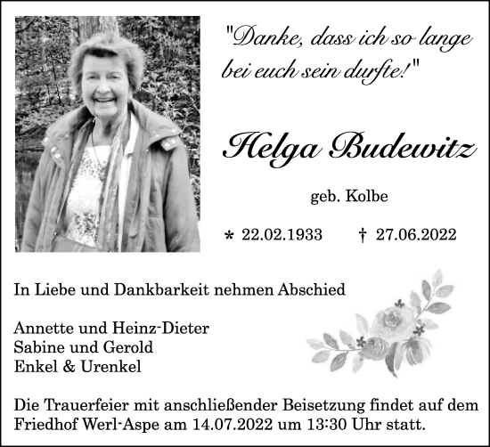 Anzeige  Helga Budewitz  Lippische Landes-Zeitung