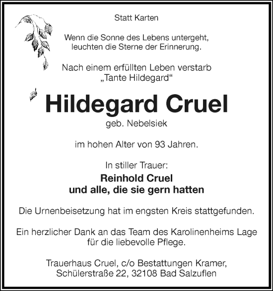 Anzeige  Hildegard Cruel  Lippische Landes-Zeitung