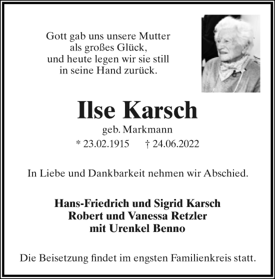 Anzeige  Ilse Karsch  Lippische Landes-Zeitung