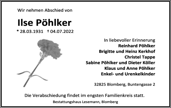 Anzeige  Ilse Pöhlker  Lippische Landes-Zeitung