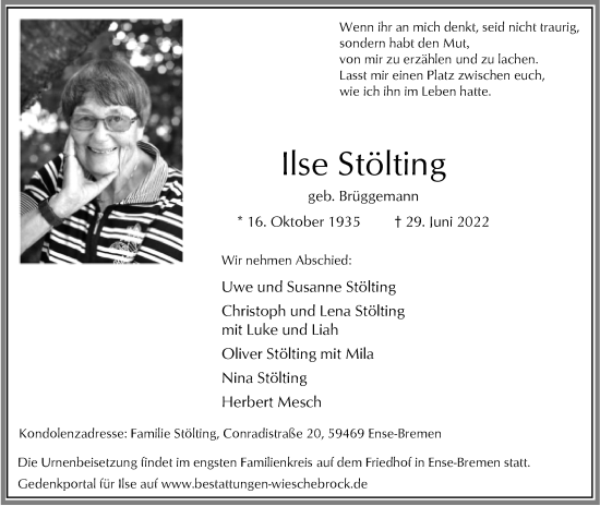 Anzeige  Ilse Stölting  Lippische Landes-Zeitung