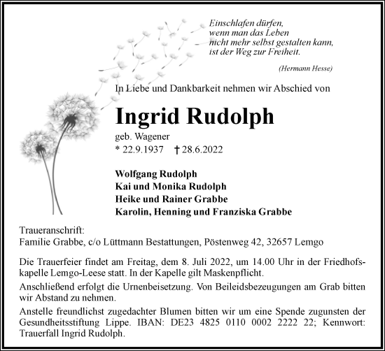 Anzeige  Ingrid Rudolph  Lippische Landes-Zeitung