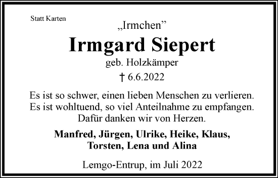 Anzeige  Irmgard Siepert  Lippische Landes-Zeitung