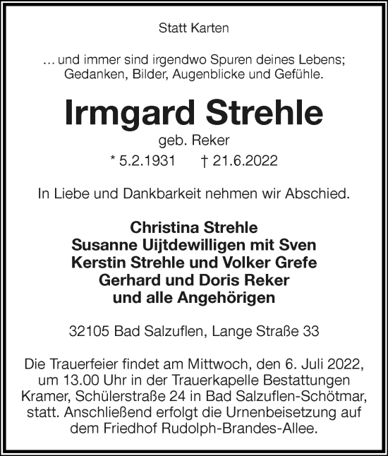 Anzeige  Irmgard Strehle  Lippische Landes-Zeitung