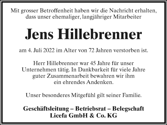 Anzeige  Jens Hillebrenner  Lippische Landes-Zeitung