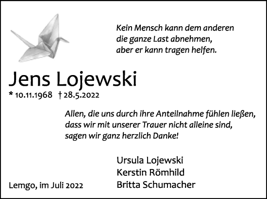 Anzeige  Jens Lojewski  Lippische Landes-Zeitung