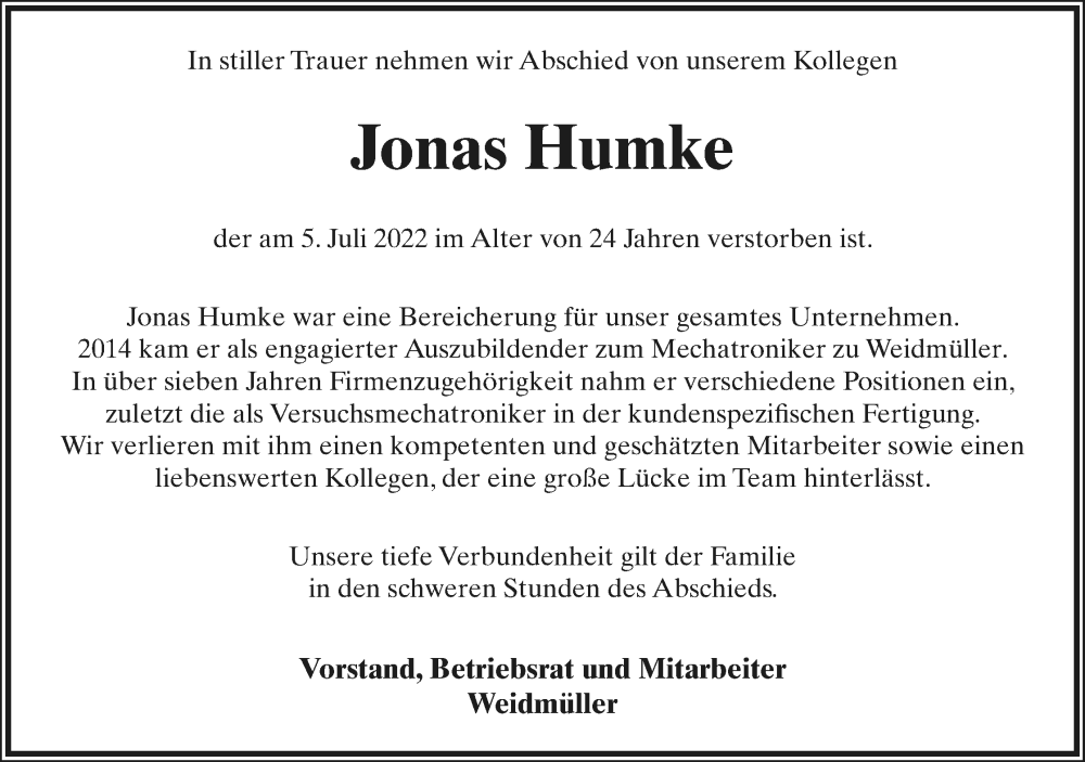  Traueranzeige für Jonas Humke vom 30.07.2022 aus Lippische Landes-Zeitung