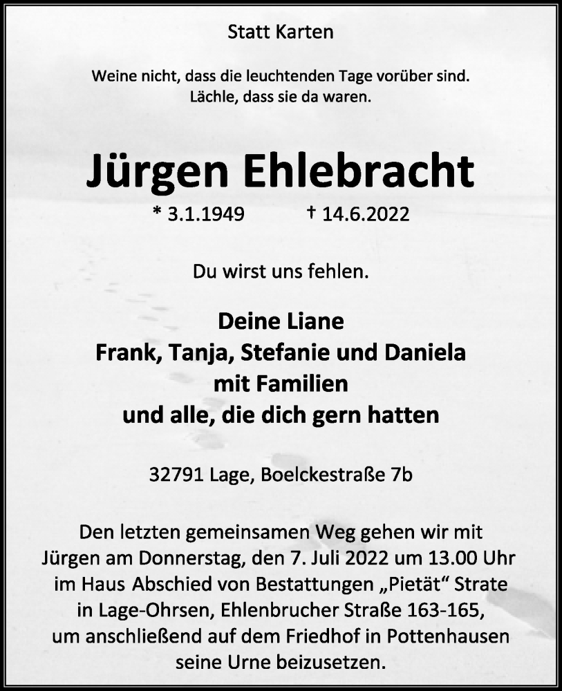  Traueranzeige für Jürgen Ehlebracht vom 02.07.2022 aus Lippische Landes-Zeitung