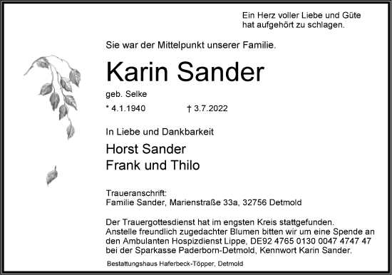 Anzeige  Karin Sander  Lippische Landes-Zeitung