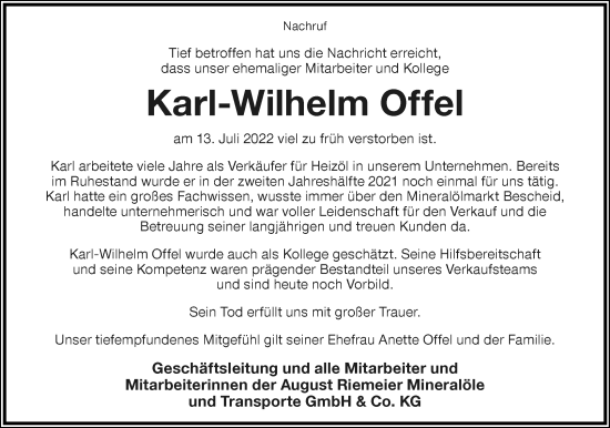 Anzeige  Karl-Wilhelm Offel  Lippische Landes-Zeitung