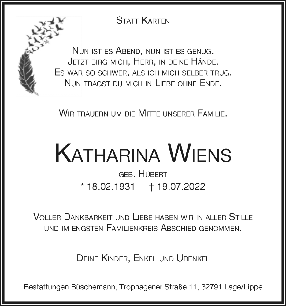  Traueranzeige für Katharina Wiens vom 30.07.2022 aus Lippische Landes-Zeitung