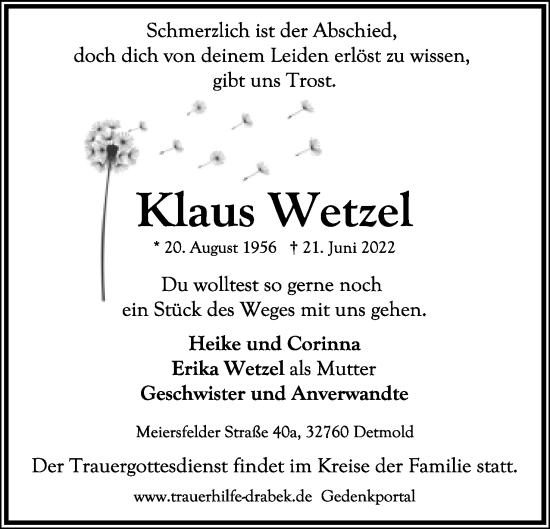 Anzeige  Klaus Wetzel  Lippische Landes-Zeitung