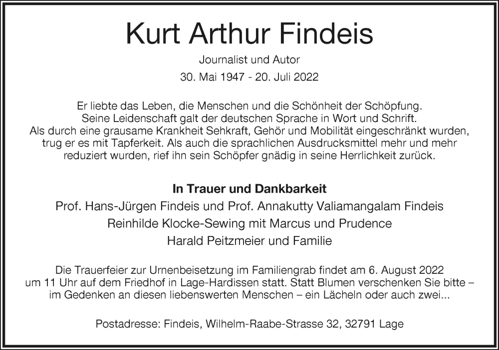  Traueranzeige für Kurt Arthur Findeis vom 30.07.2022 aus Lippische Landes-Zeitung