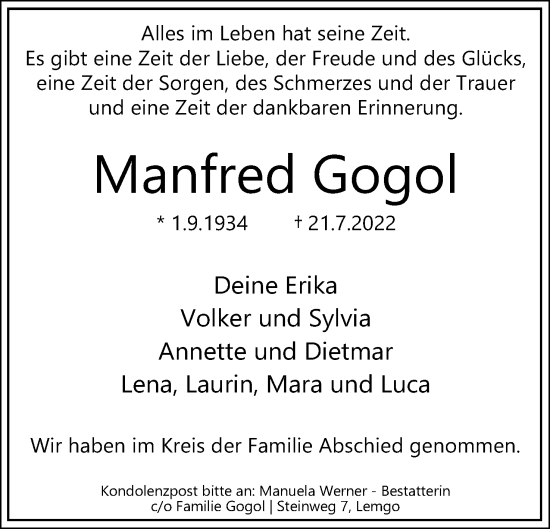 Anzeige  Manfred Gogol  Lippische Landes-Zeitung