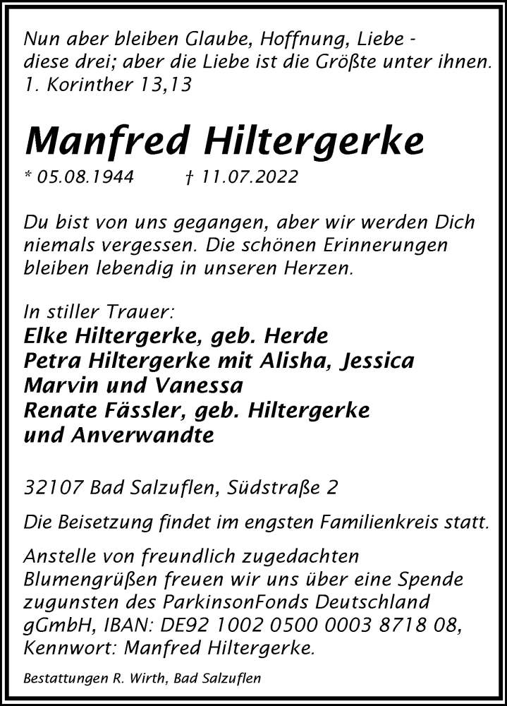  Traueranzeige für Manfred Hiltergerke vom 20.07.2022 aus Lippische Landes-Zeitung