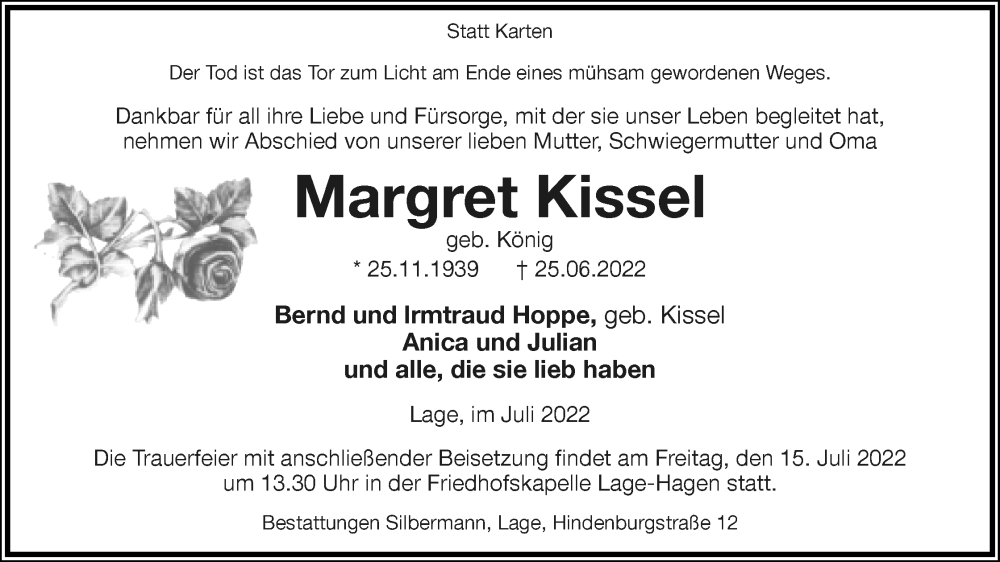  Traueranzeige für Margret Kissel vom 02.07.2022 aus Lippische Landes-Zeitung