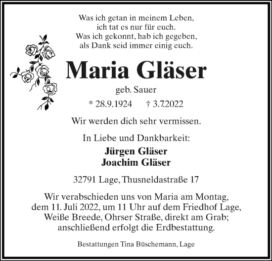 Anzeige  Maria Gläser  Lippische Landes-Zeitung