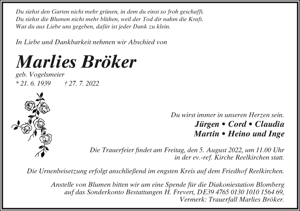  Traueranzeige für Marlies Bröker vom 30.07.2022 aus Lippische Landes-Zeitung