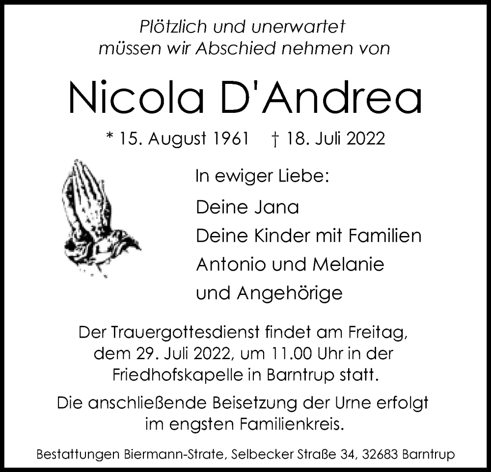  Traueranzeige für Nicola DAndrea vom 23.07.2022 aus Lippische Landes-Zeitung