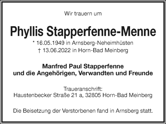 Anzeige  Phyllis Stapperfenne-Menne  Lippische Landes-Zeitung