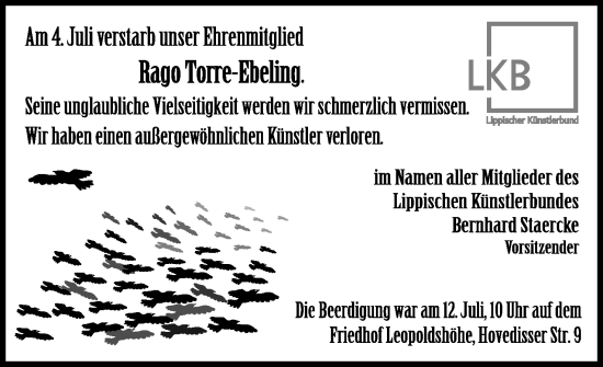 Anzeige  Rago Torre-Ebeling  Lippische Landes-Zeitung