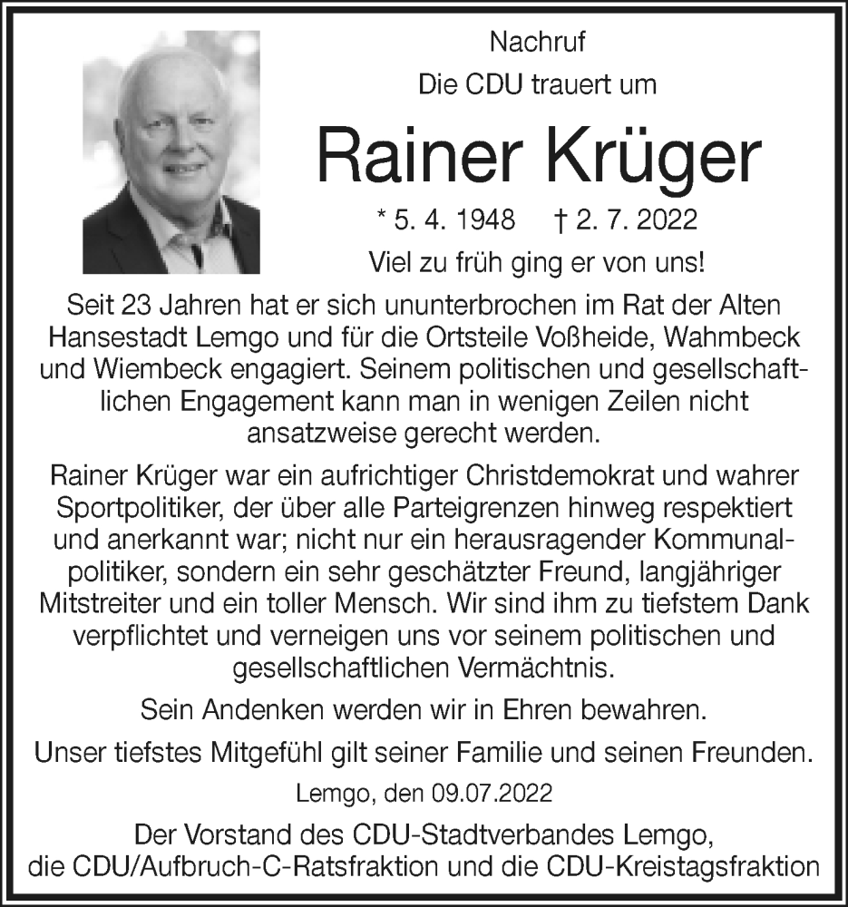  Traueranzeige für Rainer Krüger vom 09.07.2022 aus Lippische Landes-Zeitung