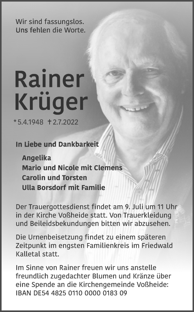  Traueranzeige für Rainer Krüger vom 06.07.2022 aus Lippische Landes-Zeitung
