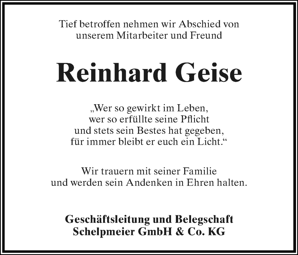  Traueranzeige für Reinhard Geise vom 23.07.2022 aus Lippische Landes-Zeitung