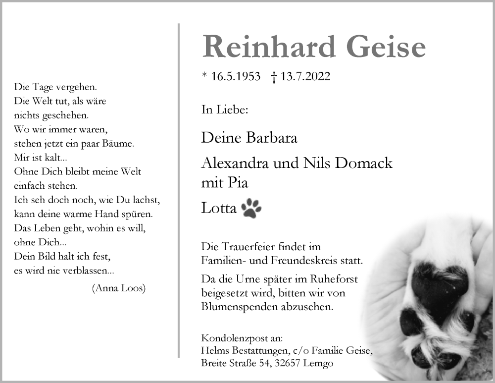  Traueranzeige für Reinhard Geise vom 16.07.2022 aus Lippische Landes-Zeitung