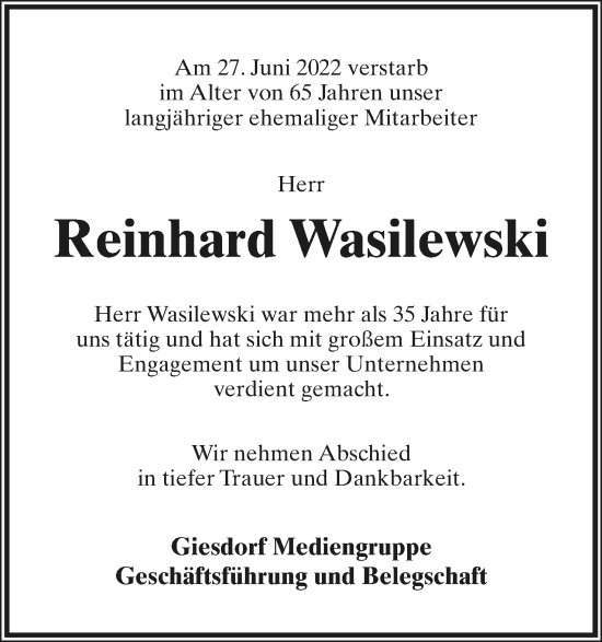 Anzeige  Reinhard Wasilewski  Lippische Landes-Zeitung