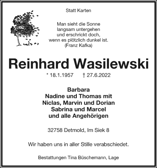 Anzeige  Reinhard Wasilewski  Lippische Landes-Zeitung