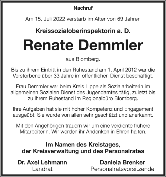 Anzeige  Renate Demmler  Lippische Landes-Zeitung