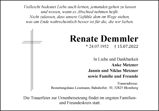 Anzeige  Renate Demmler  Lippische Landes-Zeitung